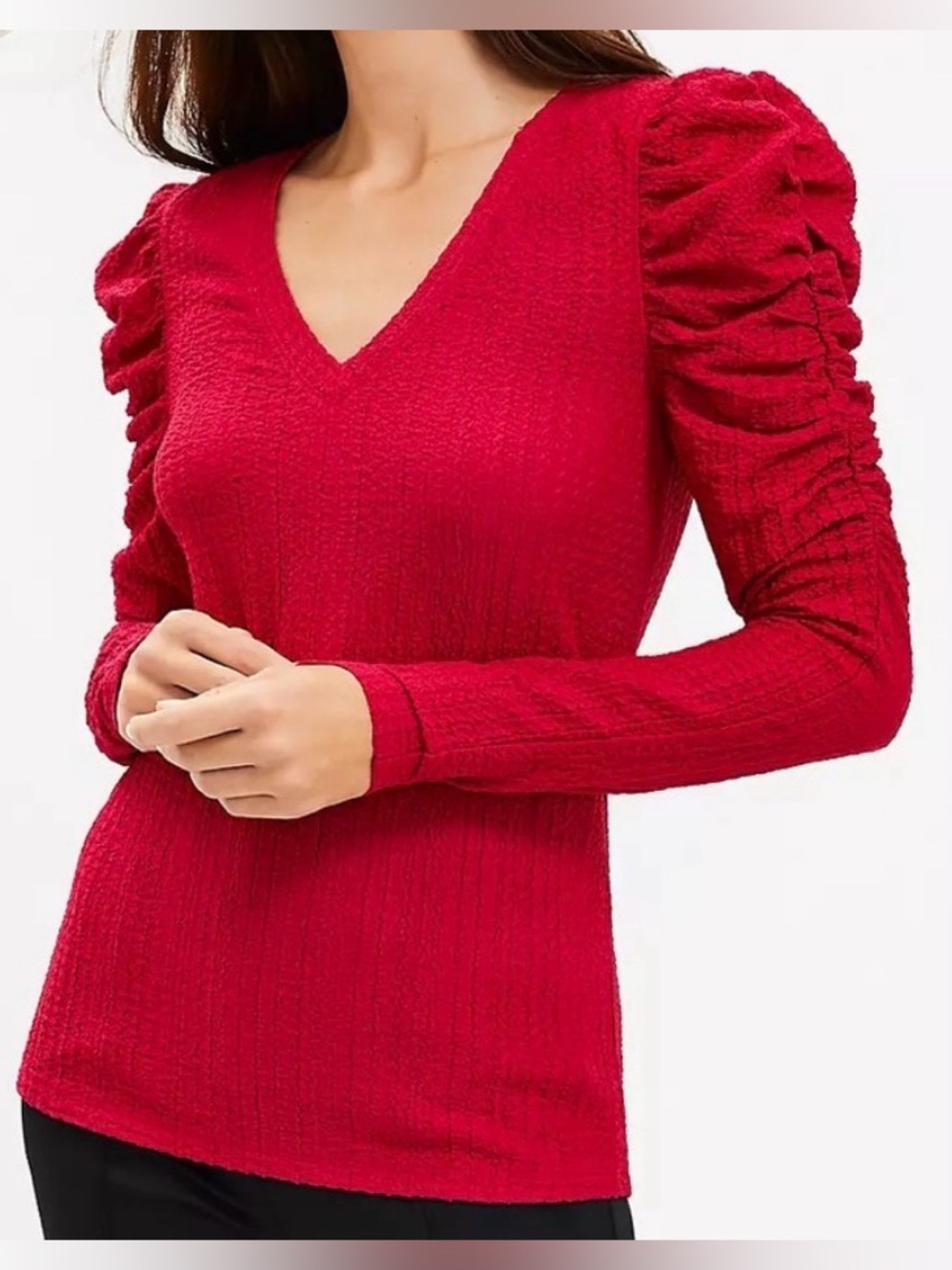 NWT LOFT Burgundy V-Neck Textured Knit Top with Ruched Sleeves Size Small